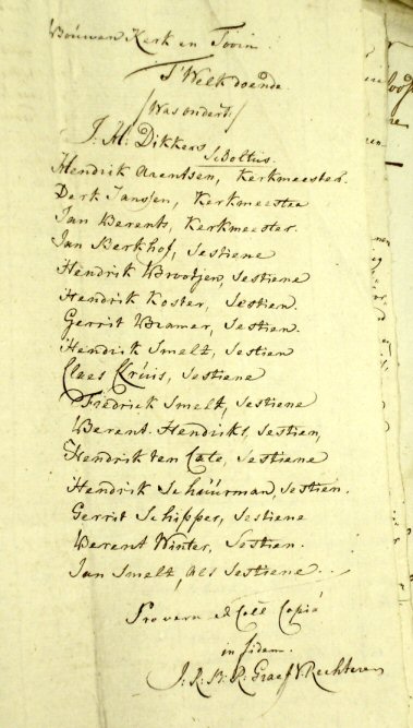 een stuk uit het Archief van Huize Almelo uit het jaar 1776 met een overzicht van alle kerkmeesters en zestienen in die tijd 